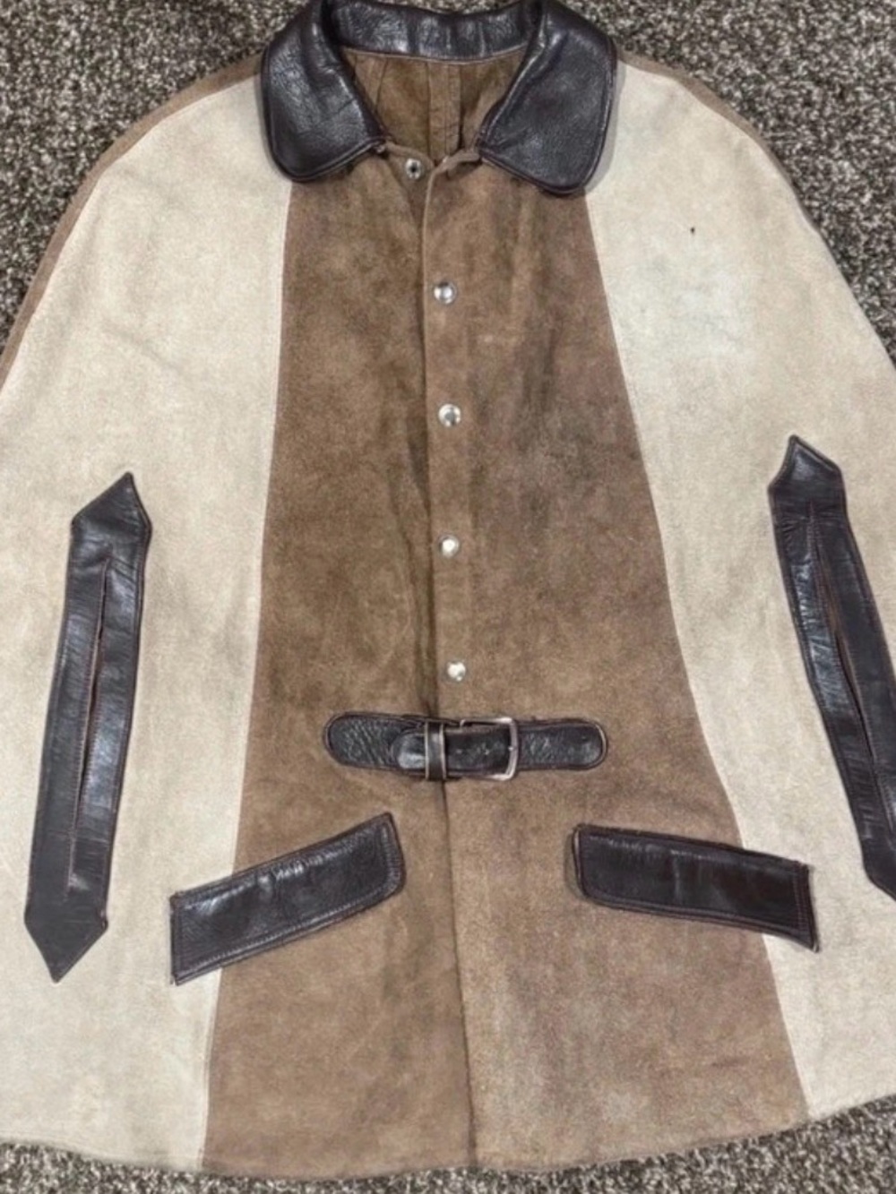 Two-Tone Suede & Leather Panel Coat - Brown/Cream